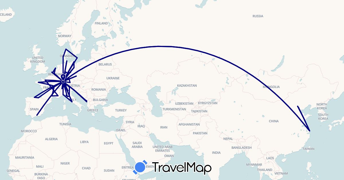 TravelMap itinerary: driving in Austria, Belgium, Switzerland, China, Czech Republic, Germany, Denmark, Spain, France, Italy, Montenegro, Netherlands (Asia, Europe)
