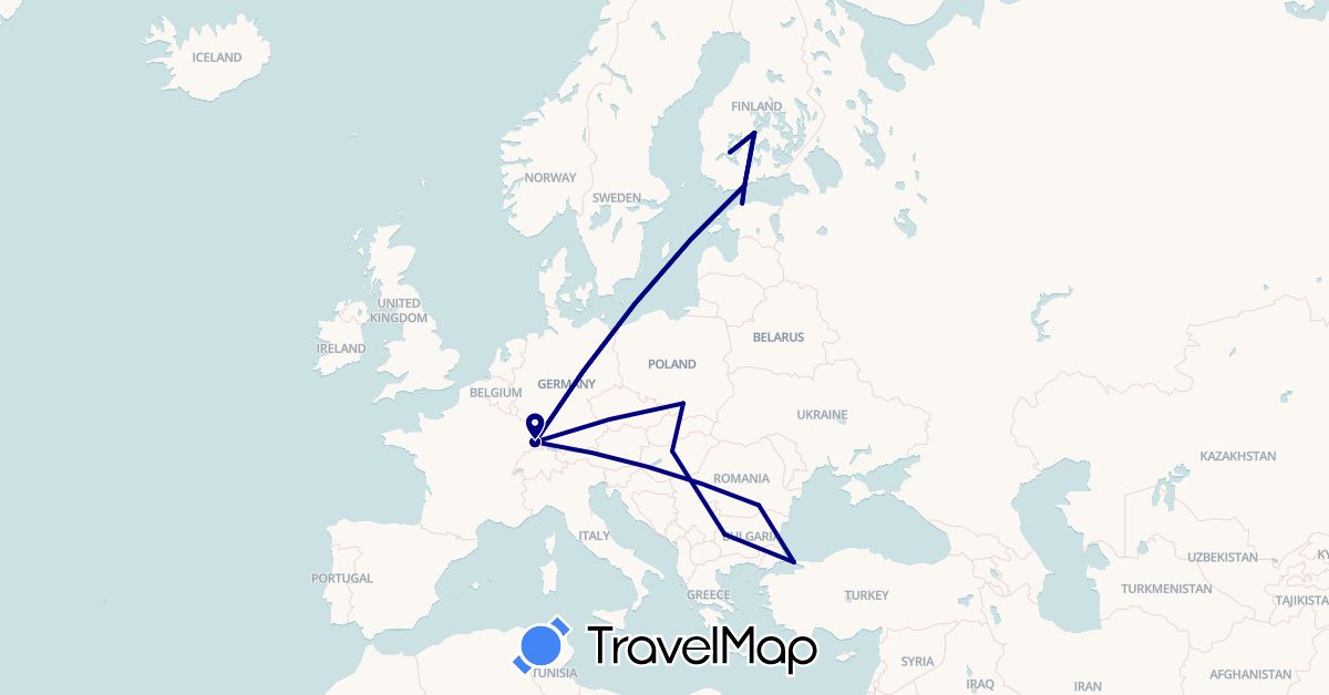 TravelMap itinerary: driving in Bulgaria, Germany, Estonia, Finland, Hungary, Poland, Romania, Turkey (Asia, Europe)
